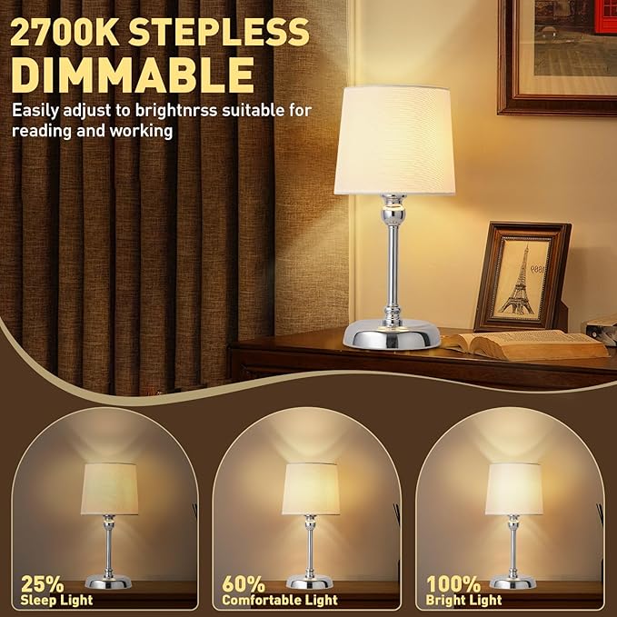 Cordless LED Table Lamp, 6000mAh Rechargeable Bedside Night Lamp for Bedroom, Portable Touch Stepless Dimmable Battery Operated Lamp, Ambient Light for Patio Restaurant(Chrome S) - LeafyLoom