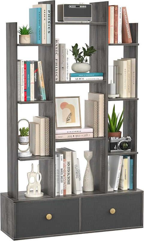 Unikito Book Shelf with 2 Drawers Free Standing Bookcase, Office Storage Shelf Organizer with 12 Open Bookshelf, Industrial Wood Book Case Display Rack for Bedroom, Living Room Home Office, Gray Oak - LeafyLoom