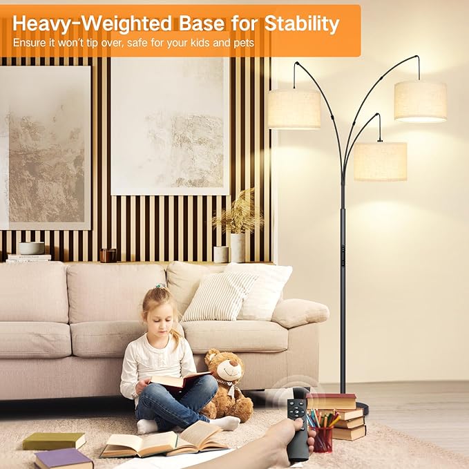 OUTON Arc LED Floor Lamp with Remote & Touch Control, Dimmable Modern Black 3 Light Arched Tall Floor Lamp, Mid Century Adjustable Standing Corner Lamps for Bedroom, Office, Living Room - LeafyLoom