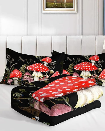 Red Mushroom Kawaii Comforter Set Queen Size Kids Mushroom Dragonfly Bedding Set Botanical Plant Theme Print Quilt Bed Set for Boys Girls Adults with 1 Comforter and 2 Pillowcases - LeafyLoom