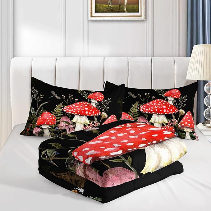 Red Mushroom Kawaii Comforter Set Full Size Kids Mushroom Dragonfly Bedding Set Botanical Plant Theme Print Quilt Bed Set for Boys Girls Adults with 1 Comforter and 2 Pillowcases - LeafyLoom