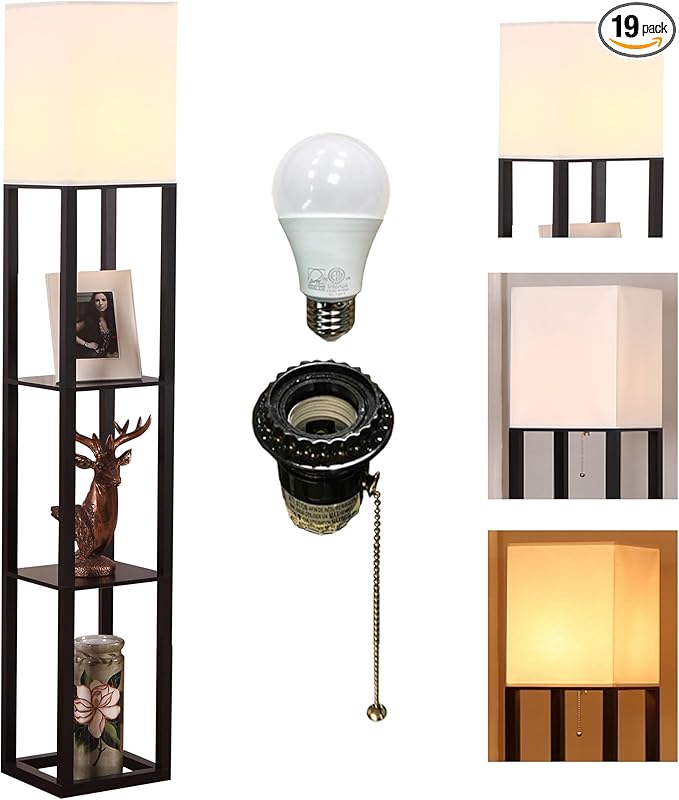 Floor Lamp,Shelf Floor Lamp with LED Bulb,Display Shelves Floor Lamp,Floor Lamp for Living Room,Floor Lamp for Bedroom,White Linen Shade,Wood,Black - LeafyLoom