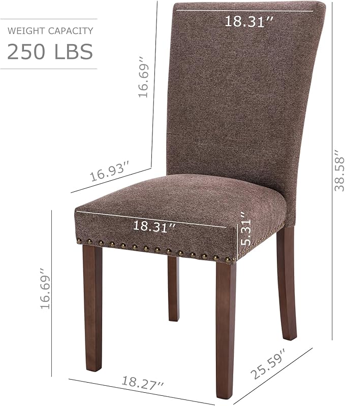 COLAMY Upholstered Parsons Dining Chairs Set of 2, Fabric Dining Room Kitchen Side Chair with Nailhead Trim and Wood Legs - Brown - LeafyLoom