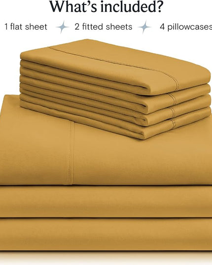 LuxClub 7 PC Split King Sheet Set, Breathable Luxury Bed Sheets, Deep Pockets 18" Eco Friendly Wrinkle Free Cooling Sheets Machine Washable Hotel Bedding Silky Soft - Medallion Gold Split King - LeafyLoom
