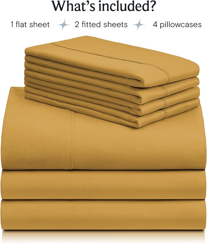LuxClub 7 PC Split King Sheet Set, Breathable Luxury Bed Sheets, Deep Pockets 18" Eco Friendly Wrinkle Free Cooling Sheets Machine Washable Hotel Bedding Silky Soft - Medallion Gold Split King - LeafyLoom