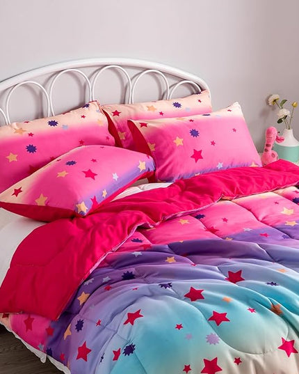 Twin/Twin XL Comforter Set for Girls Rainbow Bedding Set 2 Pieces with Multicolor Stars Pink Comforter Set Twin Size with Pillowcase for Kids, Teenagers - LeafyLoom