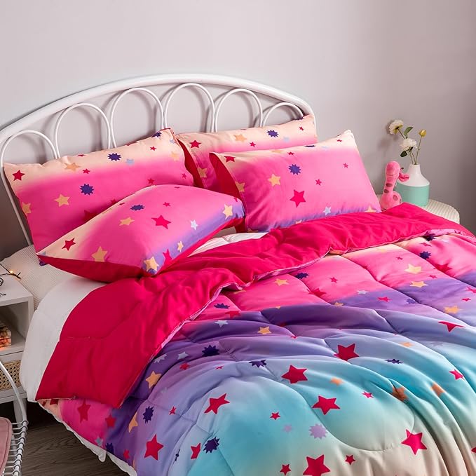 Twin/Twin XL Comforter Set for Girls Rainbow Bedding Set 2 Pieces with Multicolor Stars Pink Comforter Set Twin Size with Pillowcase for Kids, Teenagers - LeafyLoom