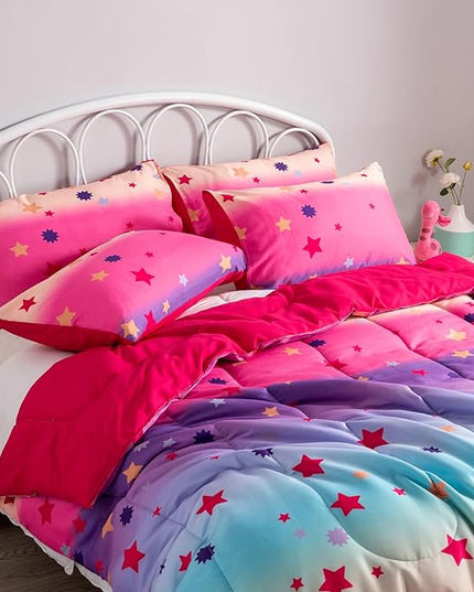 Full Comforter Set for Girls Rainbow Bedding Set 3 Pieces with Multicolor Stars Pink Comforter Set Full Size with Pillowcase for Kids, Teenagers - LeafyLoom