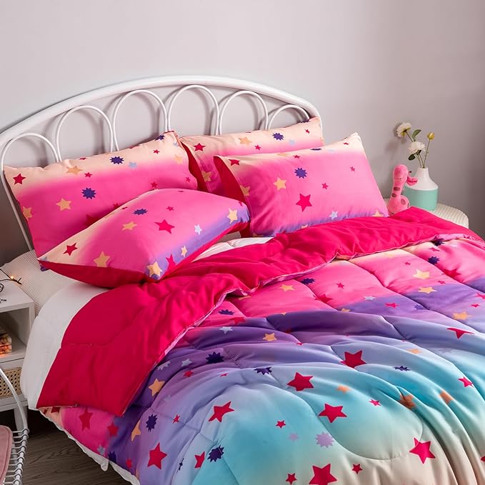Full Comforter Set for Girls Rainbow Bedding Set 3 Pieces with Multicolor Stars Pink Comforter Set Full Size with Pillowcase for Kids, Teenagers - LeafyLoom