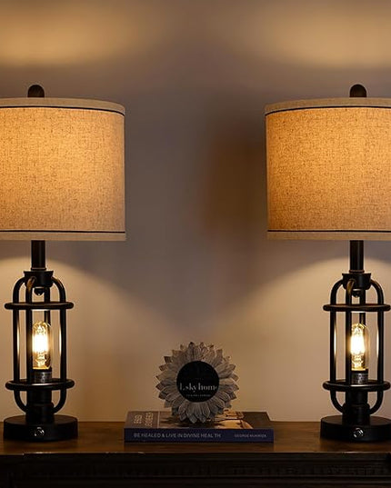 Industrial Black Metal Table Lamps Living Room 23.75'' Lamp for Nightstand Set of 2 Bedside End Lamp Home Decor Touch Lamp Modern Lamps with USB Ports - LeafyLoom