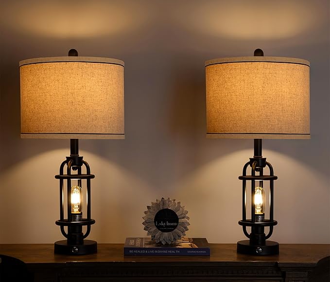 Industrial Black Metal Table Lamps Living Room 23.75'' Lamp for Nightstand Set of 2 Bedside End Lamp Home Decor Touch Lamp Modern Lamps with USB Ports - LeafyLoom