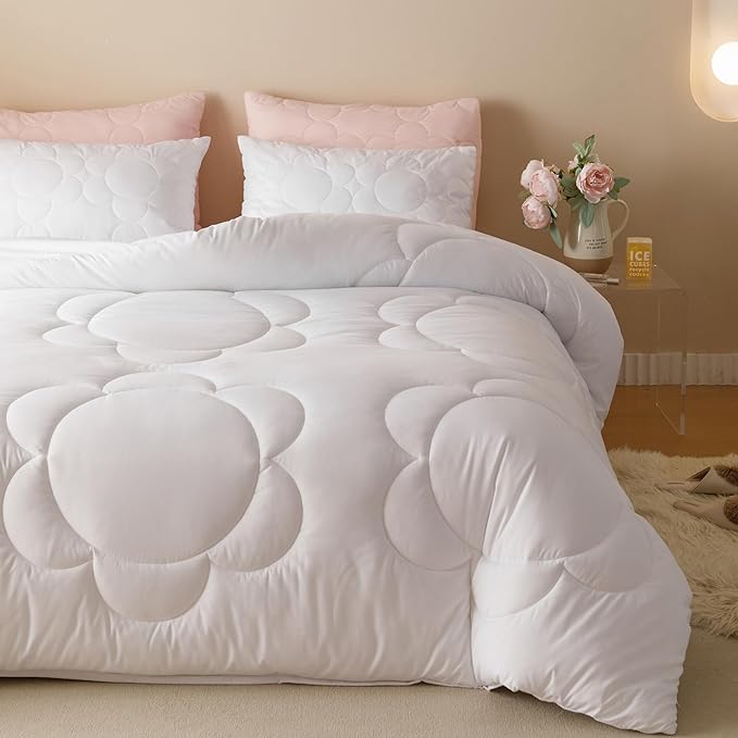 White Flower Comforter King White Sunflower Print Bed King Comforter Set 3 Pieces White Floral Comforter Set for Women Girls Bedroom Decor All Season Hotel Quality Comforter Set - LeafyLoom