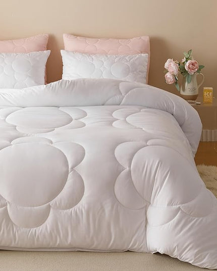 White Flower Comforter Queen White Sunflower Print Bed Queen Comforter Set 3 Pieces White Floral Comforter Set for Women Girls Bedroom Decor All Season Hotel Quality Comforter Set - LeafyLoom