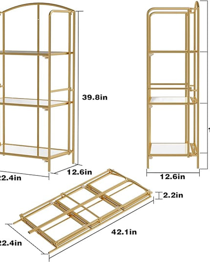 No Assembly Folding Bookshelf, 3 Tier Gold Bookshelf, Metal Book Shelf for Storage, Folding Bookcase for Office Organization and Storage, 12.6" D x 22.44" W x 42.13" H - LeafyLoom
