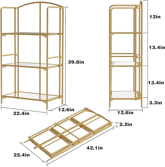 No Assembly Folding Bookshelf, 3 Tier Gold Bookshelf, Metal Book Shelf for Storage, Folding Bookcase for Office Organization and Storage, 12.6" D x 22.44" W x 42.13" H - LeafyLoom