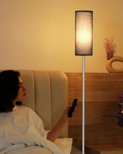 Ambimall Floor Lamps for Living Room, Modern Silver Floor Lamp with Remote Control and Stepless Dimmable Colors Temperature & Brightness (9W Bulb Included, Black Lampshade) - LeafyLoom