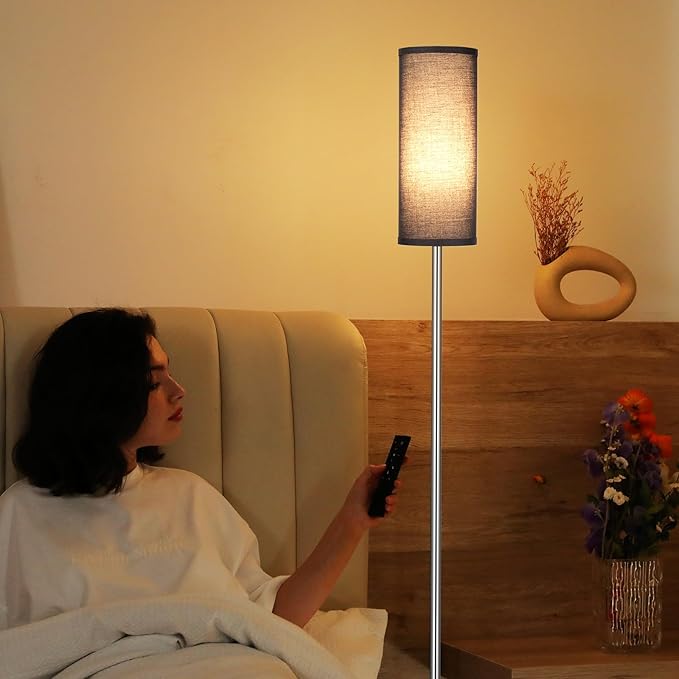 Ambimall Floor Lamps for Living Room, Modern Silver Floor Lamp with Remote Control and Stepless Dimmable Colors Temperature & Brightness (9W Bulb Included, Black Lampshade) - LeafyLoom