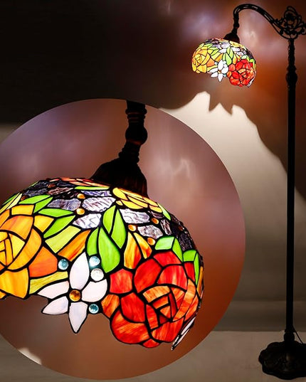 WERFACTORY Tiffany Floor Lamp Red Rose Flower Stained Glass Arched Lamp 10X18X64 Inches Gooseneck Adjustable Corner Standing Reading Light Decor Bedroom Living Room S001 Series - LeafyLoom