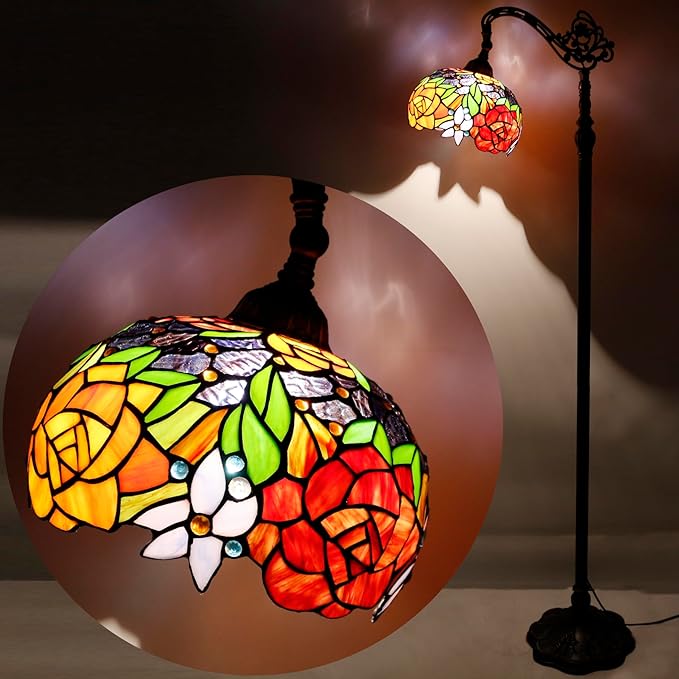 WERFACTORY Tiffany Floor Lamp Red Rose Flower Stained Glass Arched Lamp 10X18X64 Inches Gooseneck Adjustable Corner Standing Reading Light Decor Bedroom Living Room S001 Series - LeafyLoom
