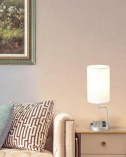Dreamholder Table Lamp with 3 USB Charging Ports, Modern Desk Lamp with AC Outlet and Phone Stands, Perfect Bedside Lamp for Bedroom, Living Room, Office (Pack of 2), Silver - LeafyLoom