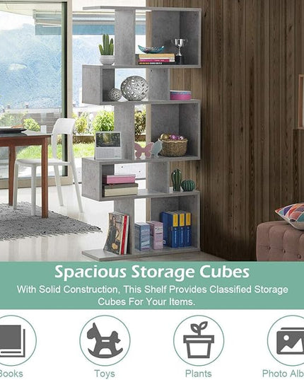 Giantex 5-Tier Geometric Bookshelf, 70" Tall Wood Freestanding Decorative Display Open Shelves with Anti-Tipping Device, Each Shelf Holds up to 44 lbs, Wooden S Shaped Bookcase, Gray - LeafyLoom