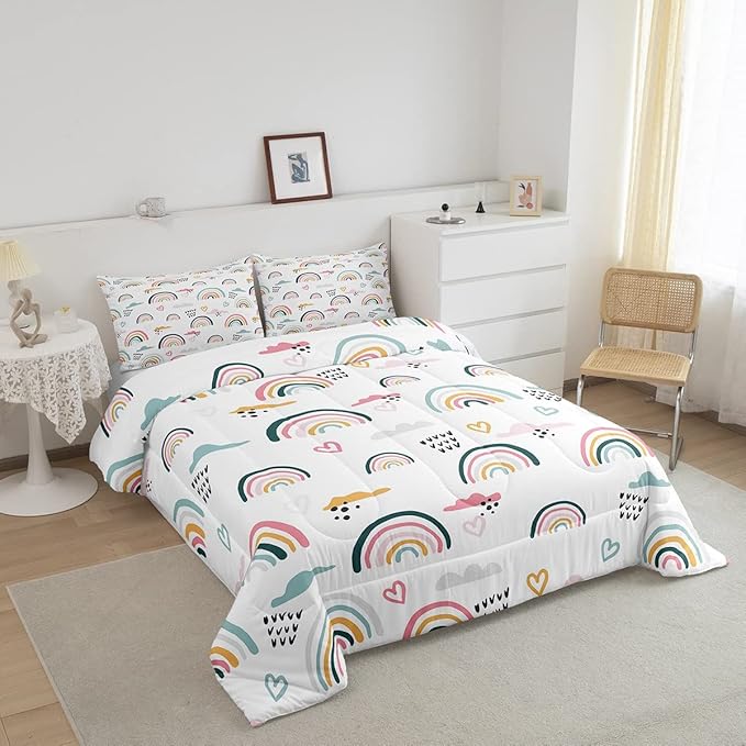Erosebridal Rainbow Bedding Set for Kids Girls, Pink Love Heart Comforter Set Queen Size Cartoon Cloud Geometric Stripes Bedding Comforter for Boys Children Women Watercolor Art Girly Duvet Sets - LeafyLoom