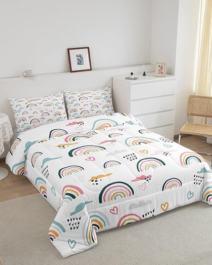 Erosebridal Rainbow Bedding Set for Kids Girls, Pink Love Heart Comforter Set Full Size Cartoon Cloud Geometric Stripes Bedding Comforter for Boys Children Women Watercolor Art Girly Duvet Sets - LeafyLoom