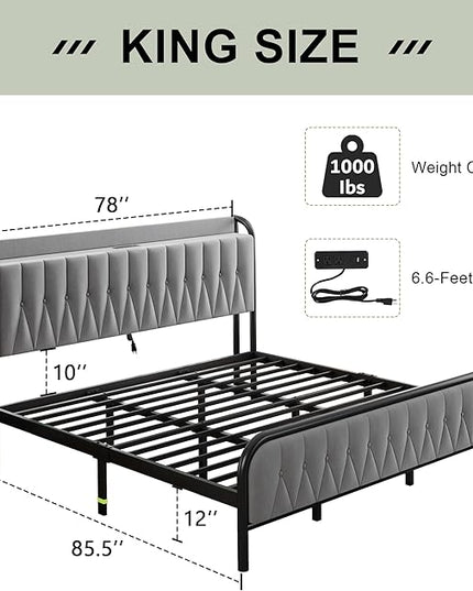 Feonase King Bed Frame with Type-C & USB Port, Metal Platform Beds, with Velvet Upholstered Headboard & Footboard, 12" Underbed Storage Space, Easy Assembly, Noise-Free, Gray - LeafyLoom