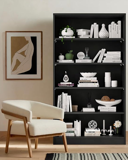 Soohow Black Bookcase,Bookshelf for Bedroom,60 inches Tall Wood Book case Book Shelves,5 Shelf Book Shelves for Living Room Office - LeafyLoom