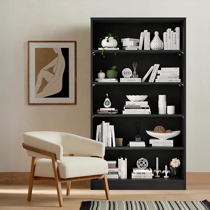 Soohow Black Bookcase,Bookshelf for Bedroom,60 inches Tall Wood Book case Book Shelves,5 Shelf Book Shelves for Living Room Office - LeafyLoom