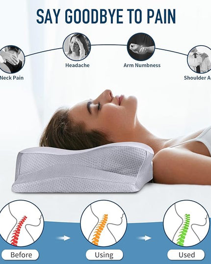 Cervical Neck Pillow Memory Foam Pillows Cooling Pillow for Neck Pain Relief, Ergonomic Orthopedic Neck Support Contour Bed Pillow for Side Back Stomach Sleepers with Washable Ice Silk Pillowcase - LeafyLoom