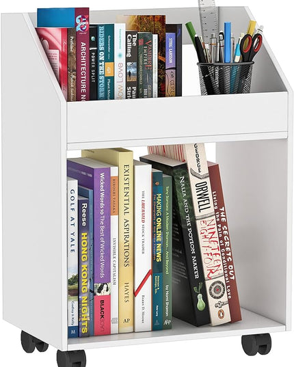 2-Tier Mobile Bookshelf, White Bookcase with Wheels, Rolling File Holder Desk File Book Organizer for Home Office Living Room School - LeafyLoom