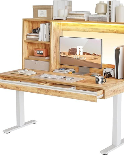 FEZIBO 55 x 27.5 Inches Electric Standing Desk with Open Shelf&LED Strip, Adjustable Height Sit Stand Up Desks with 3 Drawers, Ergonomic Workstation, Light Rustic（2 packages - LeafyLoom