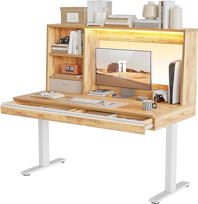 FEZIBO 55 x 27.5 Inches Electric Standing Desk with Open Shelf&LED Strip, Adjustable Height Sit Stand Up Desks with 3 Drawers, Ergonomic Workstation, Light Rustic（2 packages - LeafyLoom
