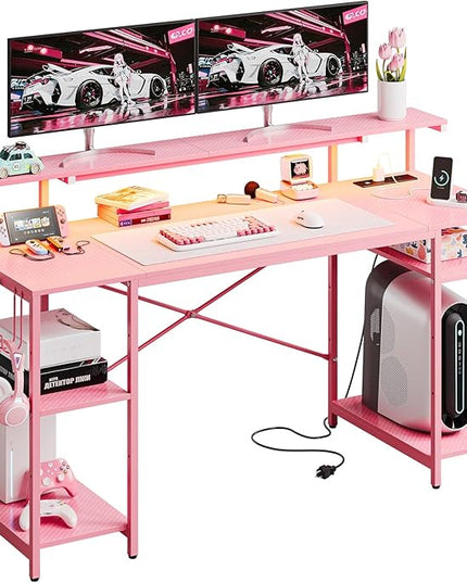 Bestier Pink Gaming Desk with Reversible Power Outlets, 55 inch LED Computer Desk with Monitor Stand & Adjustable Shelves, Writing Desk with Cup Holder & Hook for Home Office, Pink 3D Carbon Fiber - LeafyLoom