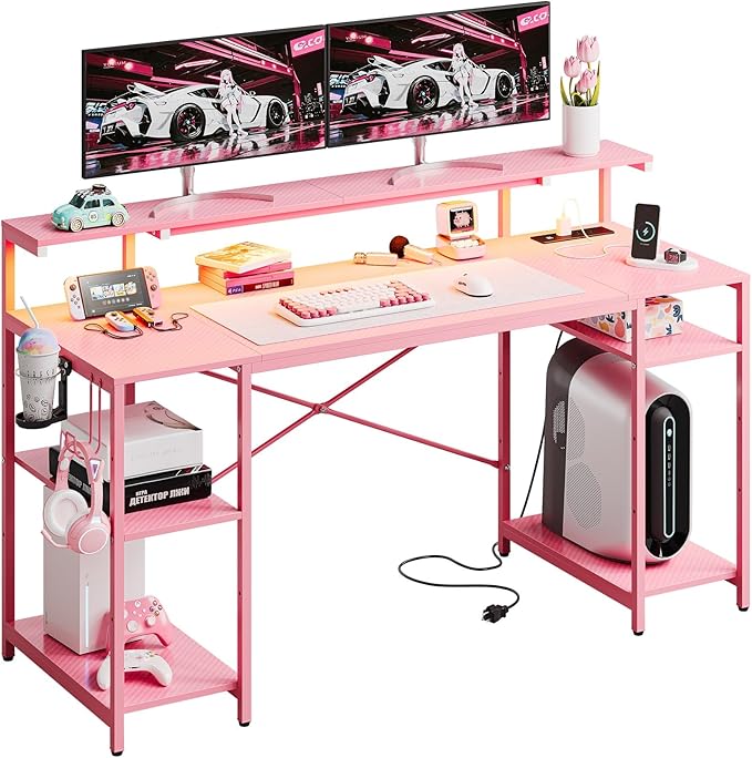 Bestier Pink Gaming Desk with Reversible Power Outlets, 55 inch LED Computer Desk with Monitor Stand & Adjustable Shelves, Writing Desk with Cup Holder & Hook for Home Office, Pink 3D Carbon Fiber - LeafyLoom