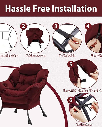 Lazy Chair Thick Padded, Accent Chair Velvet Upholstered with Wide Seat, Stable Metal Frame and Non-Slip Pad, Modern Sofa Armchair with Side Storage Bag for Dorm, Room, Office, Burgundy - LeafyLoom