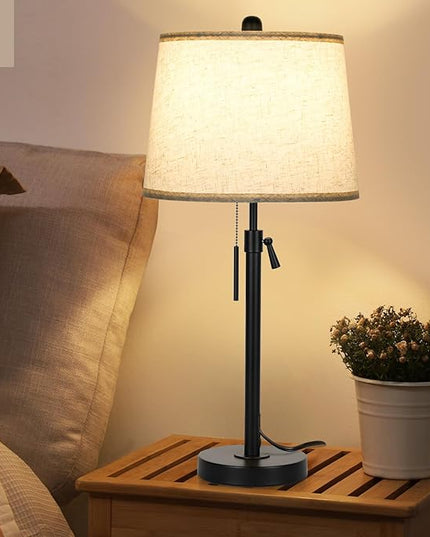 Table Lamps for Living Room Set of 2, Modern Bedside Lamps for Bedroom Height Adjustable Desk Lamp Dimmable Black Nightstand Lamps with Beige Lampshade, Pull Chain Table Lamp for Office Restaurant - LeafyLoom