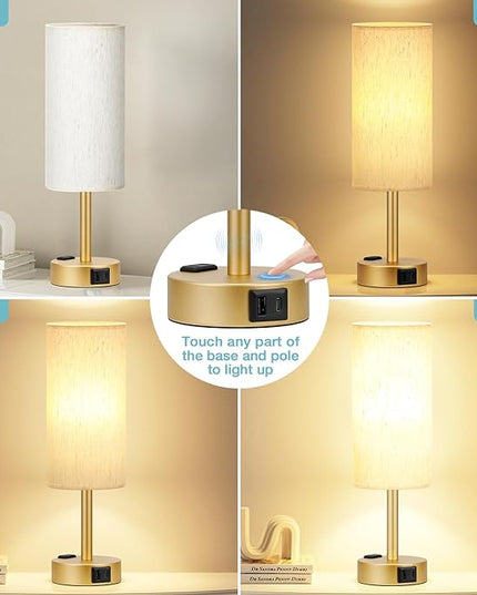Gold Nightstand Bedroom Lamp - 3 Way Dimmable Bedside Lamp USB C A Charging Ports and AC Outlet, Small Table Lamp Linen Lampshade for Office Desk, LED Bulb Included - LeafyLoom
