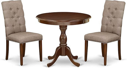 East West Furniture Antique 3 Piece Modern Dining Set Contains a Round Kitchen Table with Pedestal and 2 Dark Khaki Linen Fabric Upholstered Chairs, 36x36 Inch, Mahogany - LeafyLoom