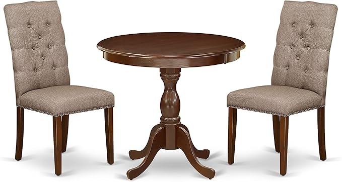 East West Furniture Antique 3 Piece Modern Dining Set Contains a Round Kitchen Table with Pedestal and 2 Dark Khaki Linen Fabric Upholstered Chairs, 36x36 Inch, Mahogany - LeafyLoom