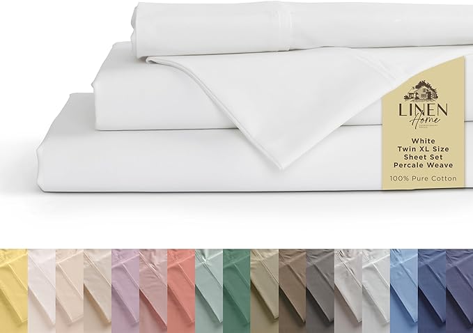 100% Cotton Percale Sheets Twin XL Size, White, Deep Pocket, 4 Pieces Sheet Set - 1 Flat, 1 Deep Pocket Fitted Sheet and 2 Pillowcases, Crisp Cool and Strong Bed Linen - LeafyLoom