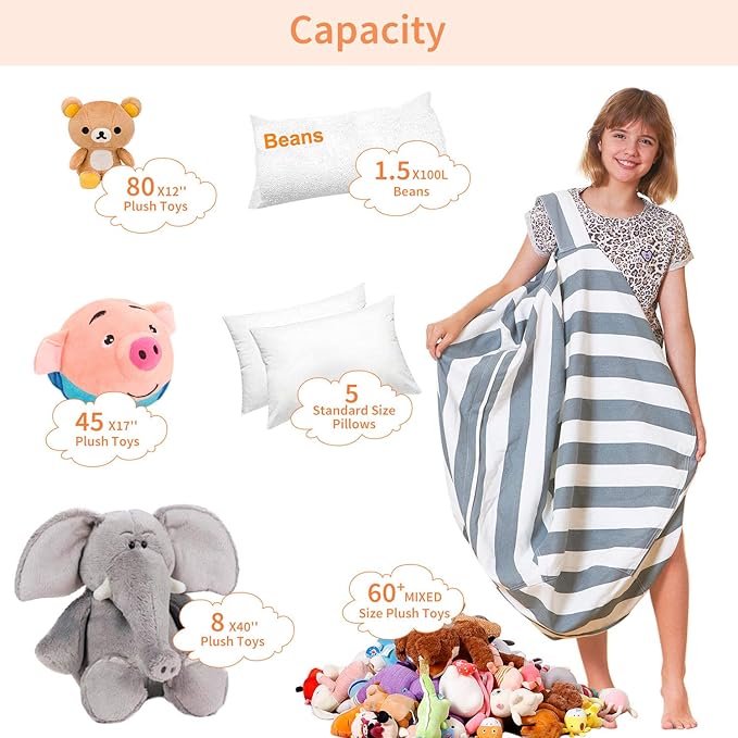 Aubliss Stuffed Animal Bean Bag Storage Chair, Beanbag Covers Only for Organizing Plush Toys, Turns into Bean Bag Seat for Kids When Filled, Medium 32"-Canvas Stripes Grey/White - LeafyLoom
