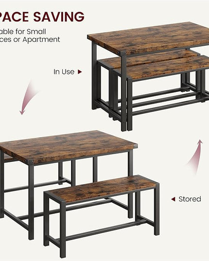 Kitchen Table with Benches, Dining Table Set for 4, Rectangular Dining Room Table Set with 2 Sturdy Benches, 3 Piece Kitchen Table Set for Small Space, Apartment, Studio, Retro Brown - LeafyLoom
