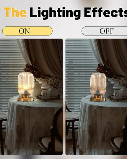Bedside Table Lamp Mid Century Glass Table Lamps Modern Globe Table lamp Gold Desk lamp nightstand lamp with Amber Pumpkin Design with Ribbed Glass Shade for Bedroom Living Room Office - LeafyLoom