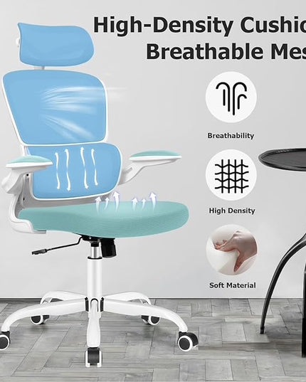 Ergonomic Office Chair, High Back Mesh Desk Chair with Lumbar Support and Adjustable Headrest, Computer Gaming Chair with Flip-up Armrests, Executive Swivel Chair for Home Office (MintGreen) - LeafyLoom