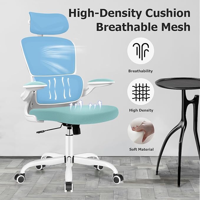 Ergonomic Office Chair, High Back Mesh Desk Chair with Lumbar Support and Adjustable Headrest, Computer Gaming Chair with Flip-up Armrests, Executive Swivel Chair for Home Office (MintGreen) - LeafyLoom