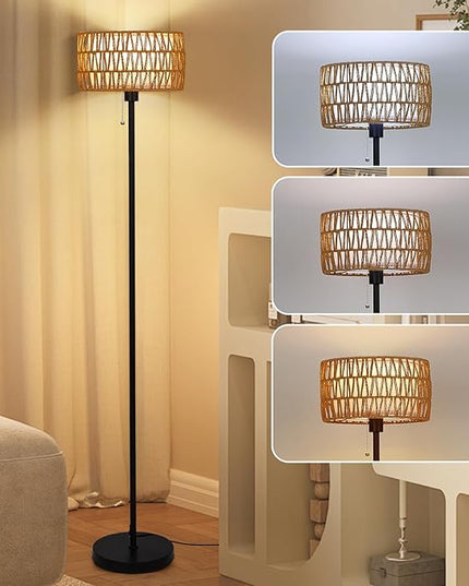 Rattan Floor Lamp for Living Room, Boho Standing Lamp with 3 Color Temperatures, Farmhouse Floor Lamp Wicker Lamp Double Shades, Bohemian Floor Lamps for Bedroom, Office(Black) - LeafyLoom