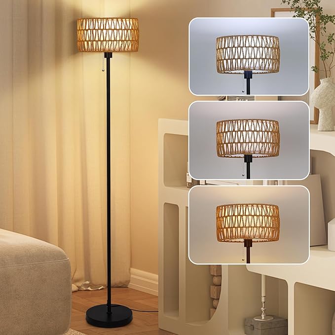 Rattan Floor Lamp for Living Room, Boho Standing Lamp with 3 Color Temperatures, Farmhouse Floor Lamp Wicker Lamp Double Shades, Bohemian Floor Lamps for Bedroom, Office(Black) - LeafyLoom