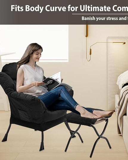 Lazy Chair with Folding Ottoman, Accent Chair Velvet Upholstered with Metal Structure and Non-Slip Pads, Sofa Armchair with Footrest and Side Storage Bag for Dorm, Room, Office, Black - LeafyLoom